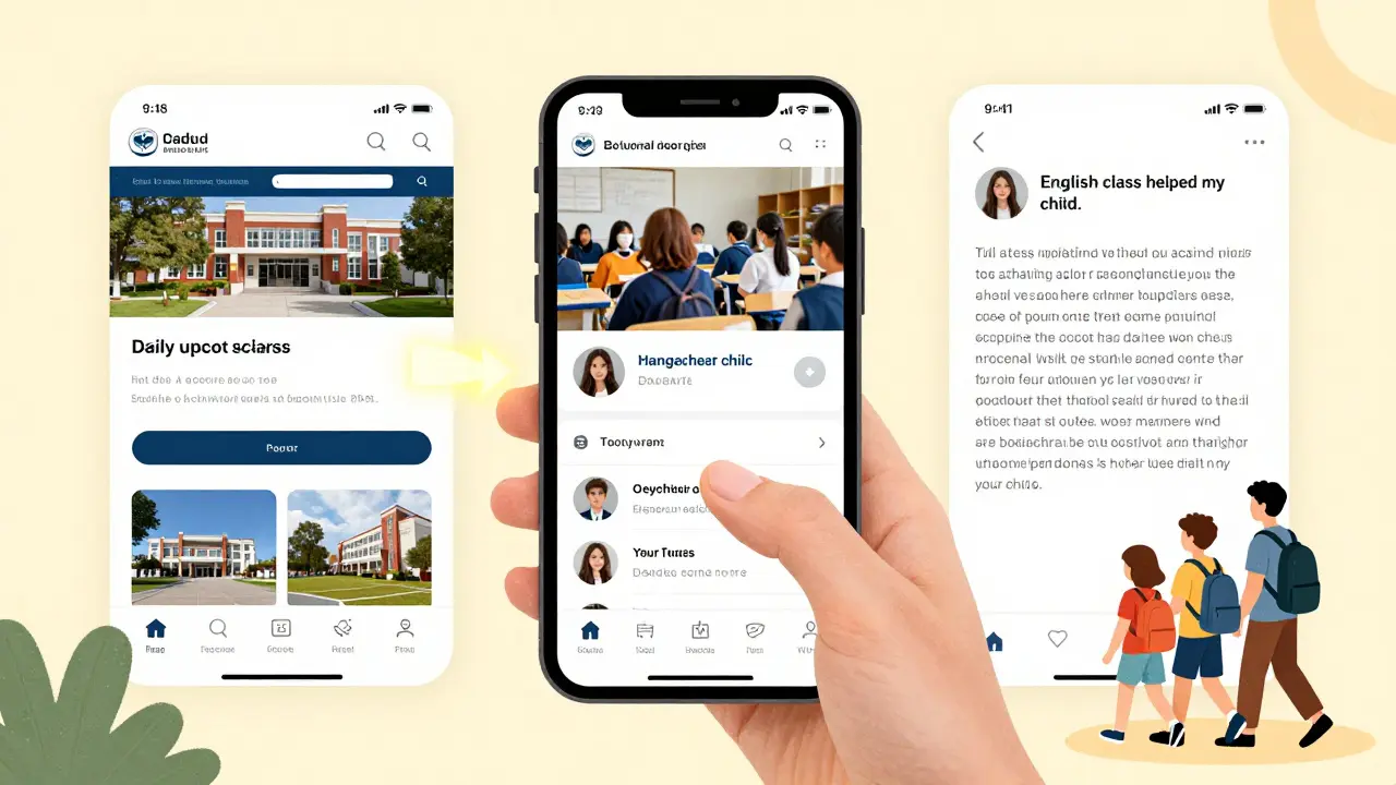 Родитель смотрит на смартфон, сравнивая онлайн-присутствие трех школ: одна активна, другие — безответны.