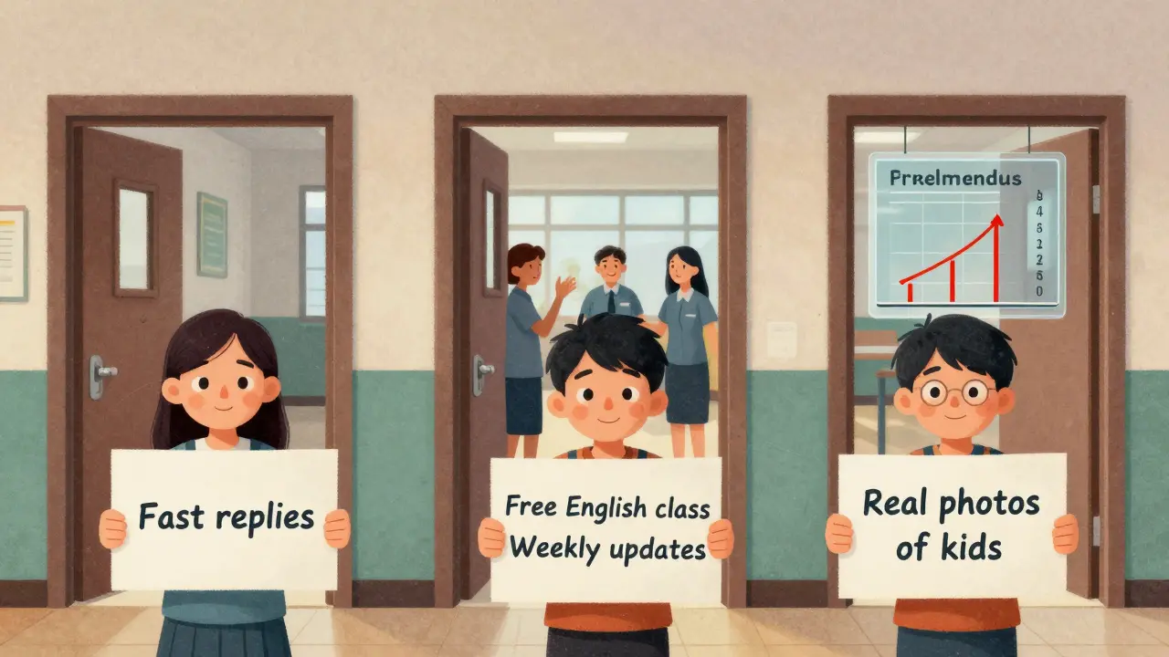 Родители держат таблички с важными метриками, а за дверьми — три разных школы: закрытая, оживленная и прозрачная.