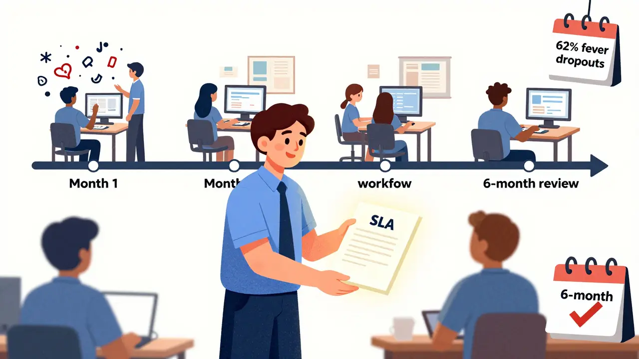 Руководитель школы передаёт договор SLA подрядчику, символизируя рост доверия и снижение оттока студентов.