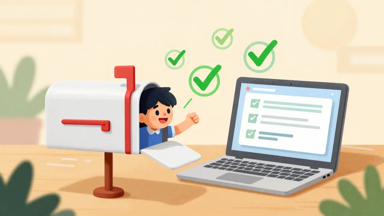 Счастливая ученица окружена знаками успеха после заполнения формы в почте.