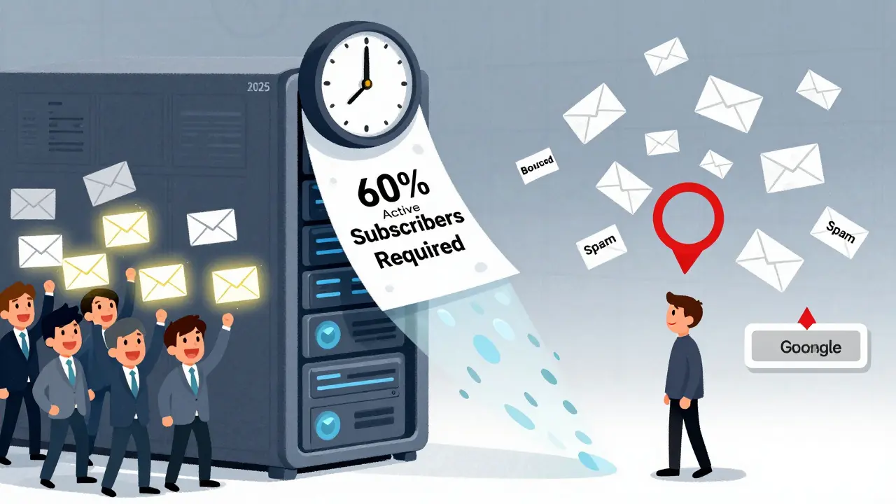 Сервер с таймером до 2025 года, фильтр требует 60% активных подписчиков, команда удаляет мёртвые адреса.