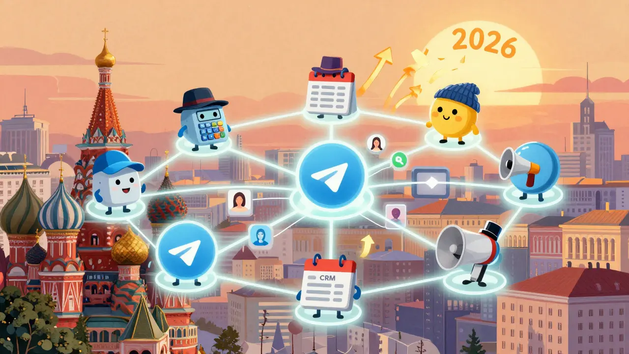 Сеть Telegram-ботов связана с CRM и платежными системами, автоматизируя продажи в инфобизнесе.