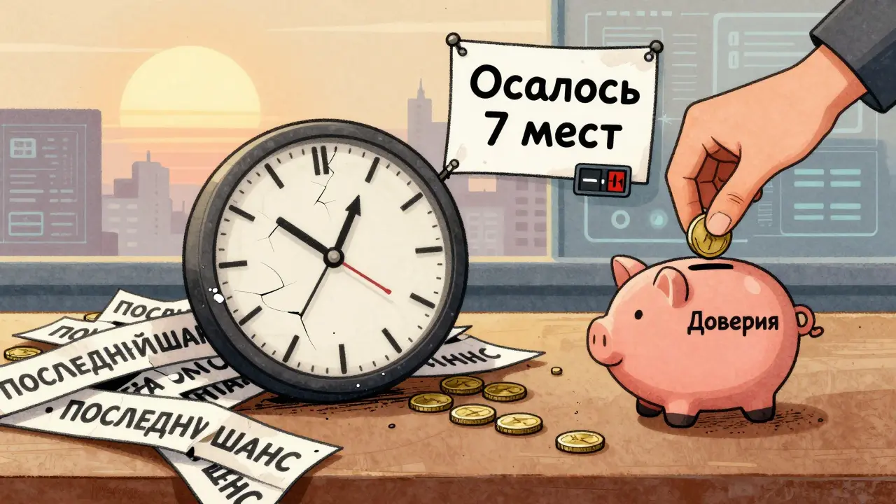 Сломанные часы рядом с ложными баннерами, один честный баннер с таймером и монета, падающая в копилку доверия.