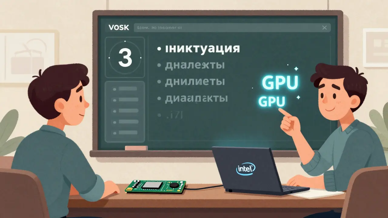 Сравнение медленной загрузки Vosk и мгновенной работы Whisper с субтитрами на экране.