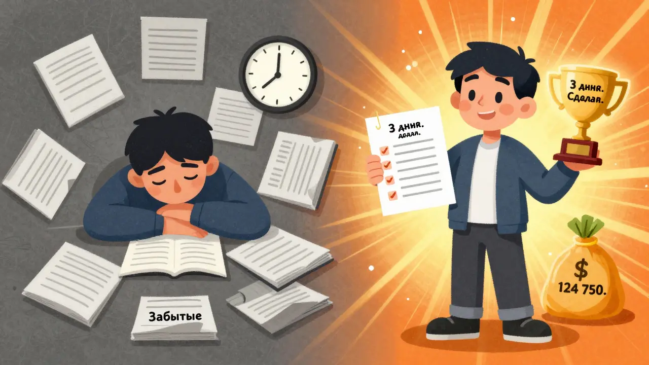 Сравнение: слева — захламленный стол с забытыми курсами, справа — тот же человек с чек-листом и деньгами после интенсива.