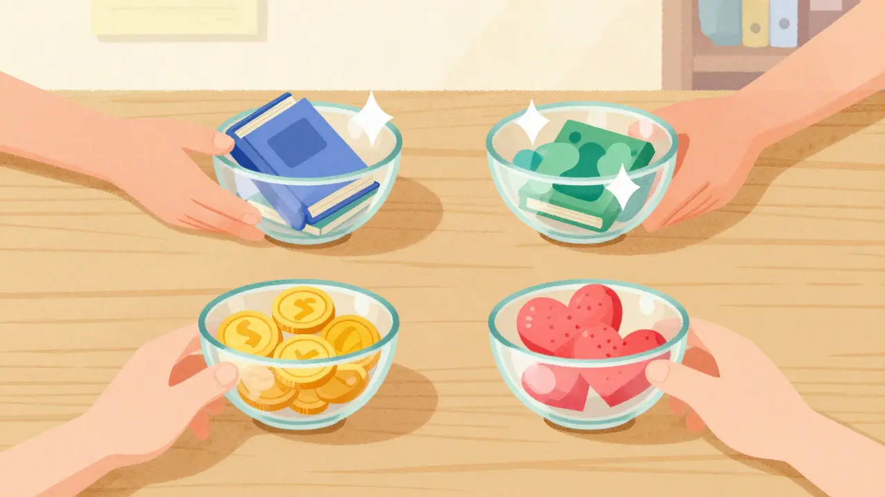 Стол с четырьмя мисками символизирующими типы контента