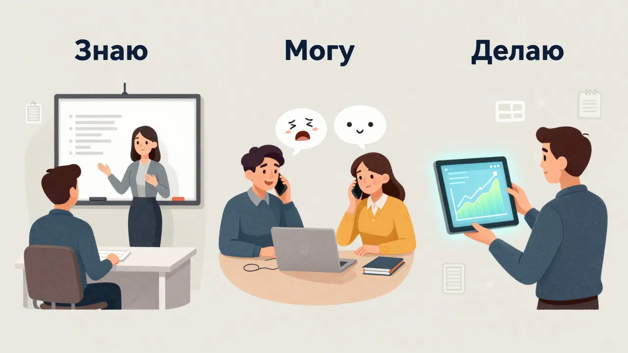 Три этапа обучения менеджера: теория, симуляция звонка и анализ записи — визуально показаны шаги обучения.