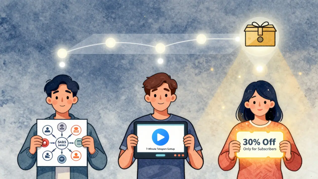 Трое людей с разными лид-магнитами — плакат, видео и купон — движутся по пути к покупке, свет указывает путь.