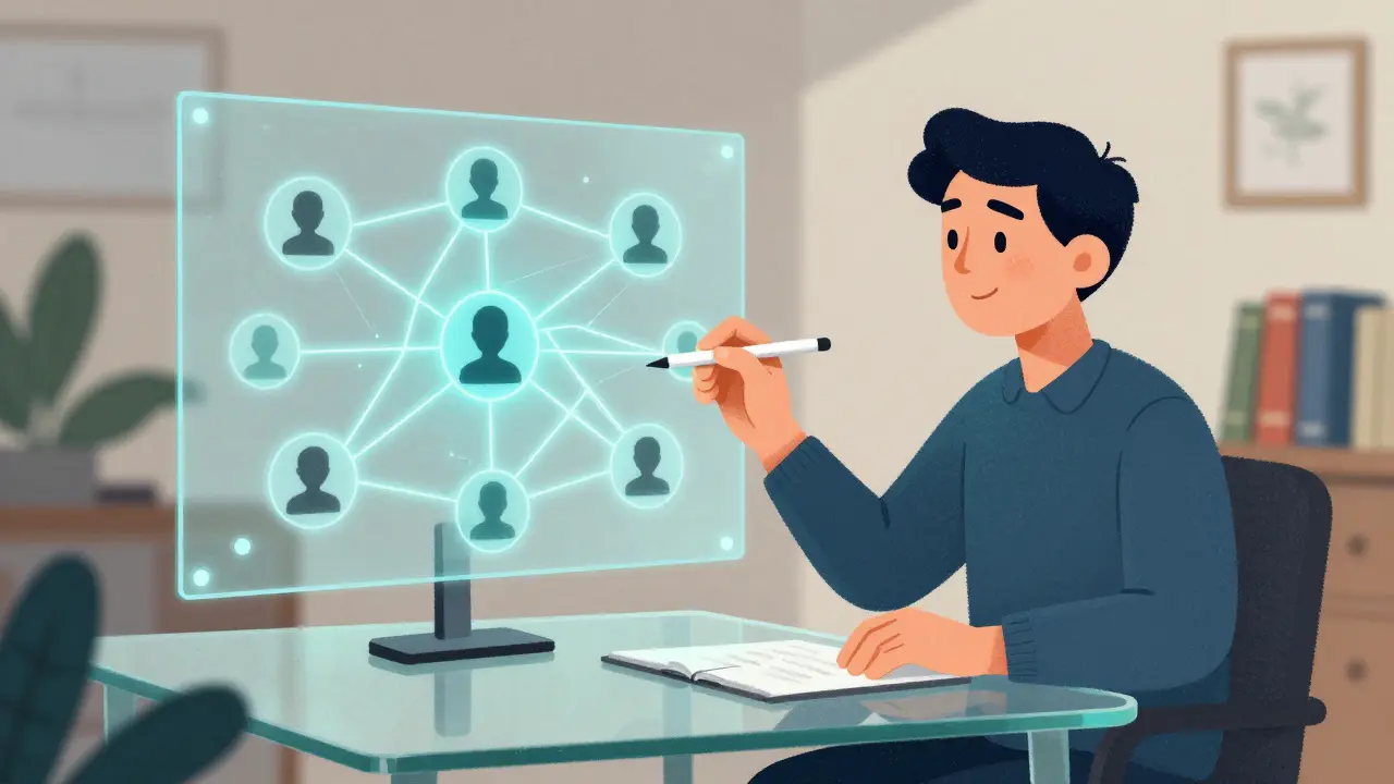 Учитель рисует схему на столе, соединенный линиями с учениками