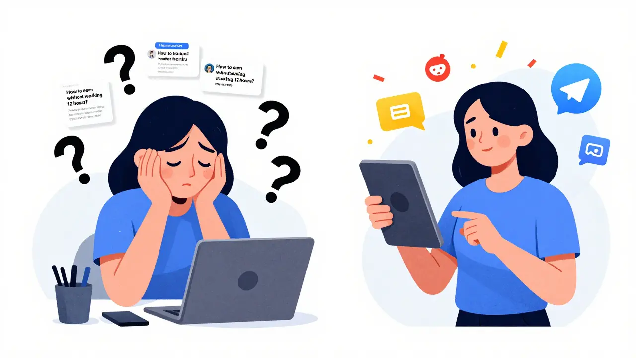 Женщина смотрит на отчаянные посты в VK справа и получает платежи за курс слева, рядом — значок Telegram.