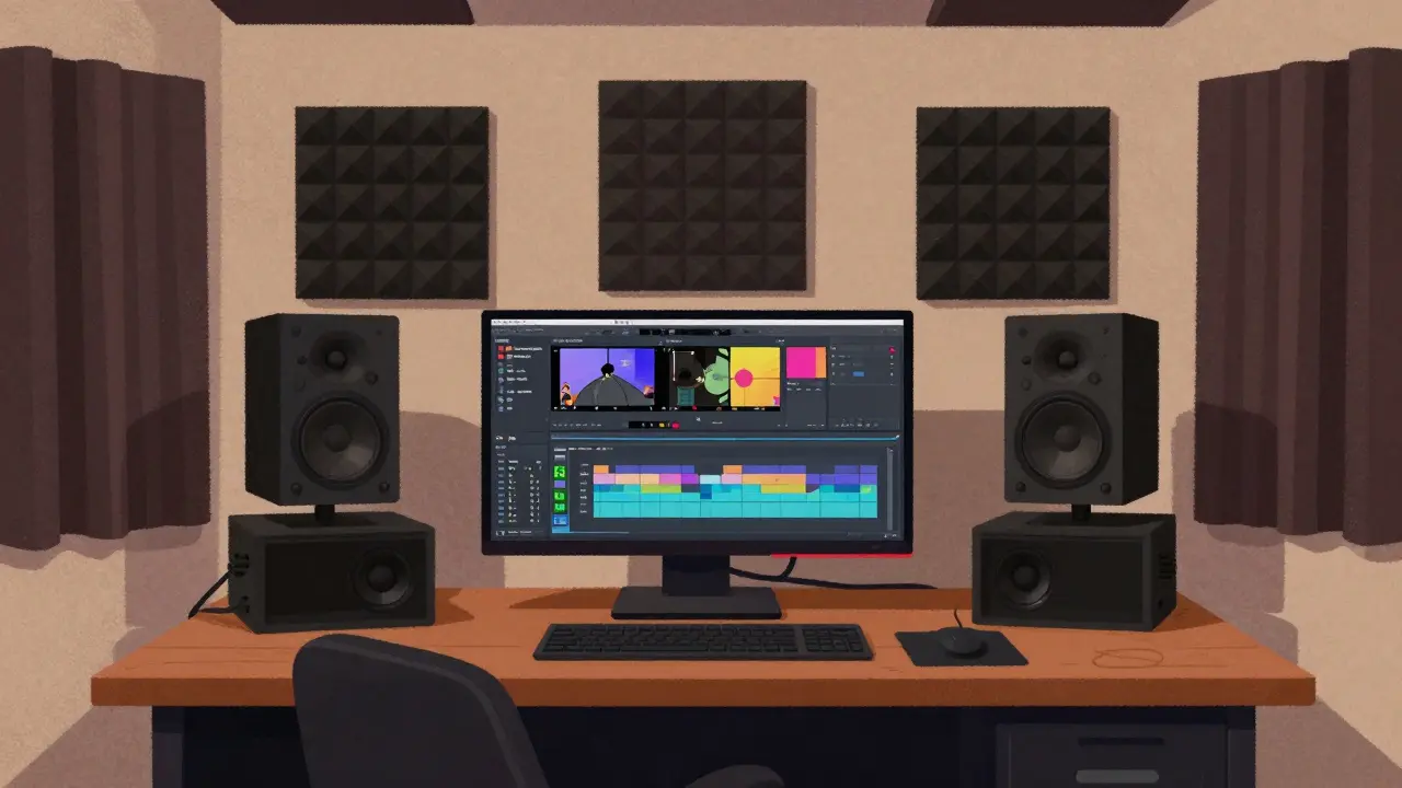 Домашняя студия с акустическими панелями и монитором с программой для монтажа видео