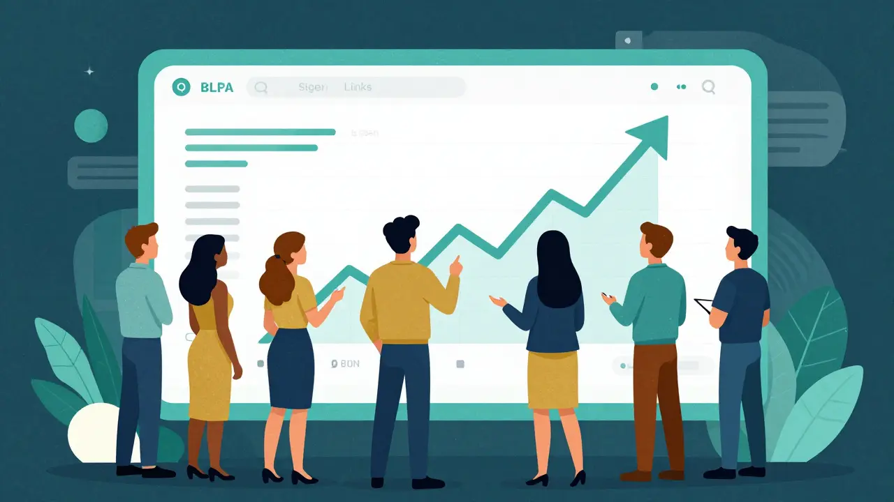 Команда маркетологов радуется точному аналитическому отчету с растущим графиком