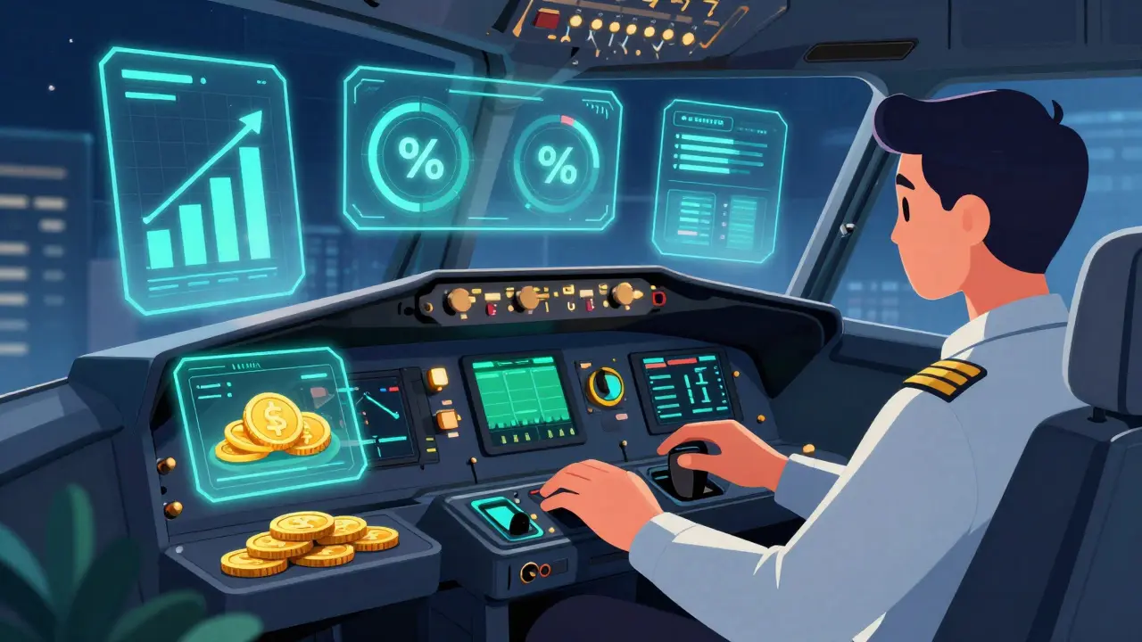 Предприниматель за современным дашбордом с ключевыми бизнес-метриками