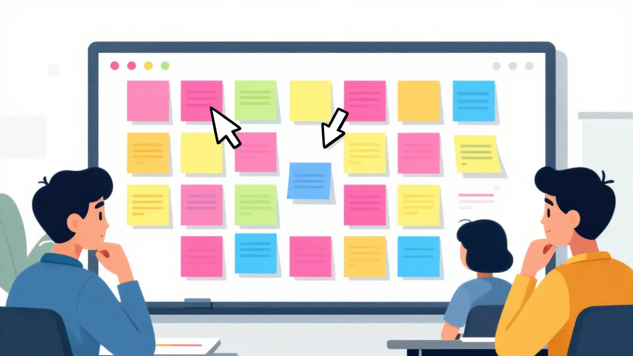 Процесс генерации идей на виртуальной доске с разноцветными стикерами.