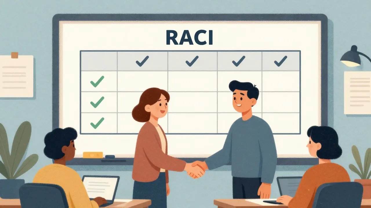 Счастливая команда у доски с матрицей ответственности RACI