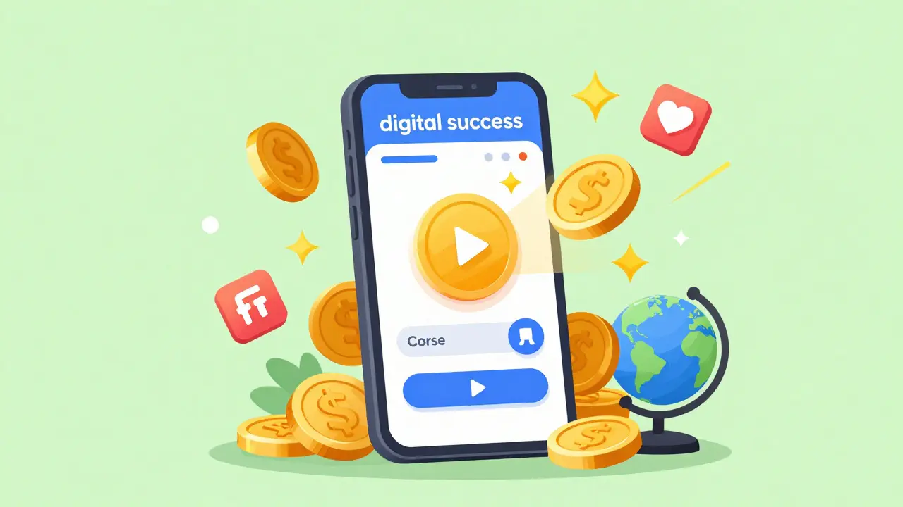 Смартфон с интерфейсом курса и символами прибыли и глобального маркетинга