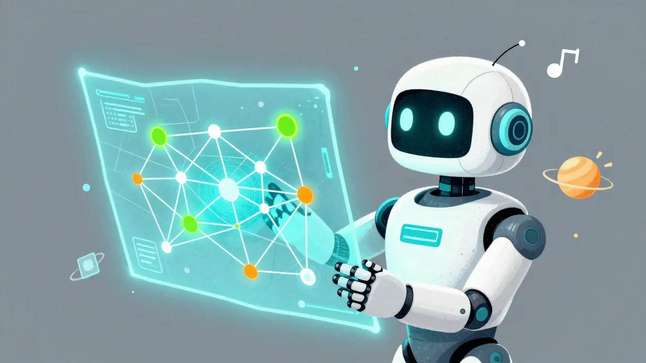 Стилизованный робот-ИИ с голографической картой сети образовательных модулей