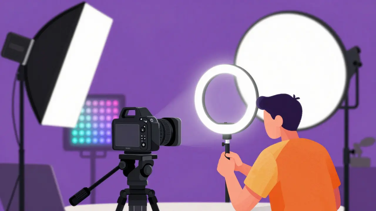 Студийное освещение с кольцевой лампой и софтбоксом для записи видеоуроков
