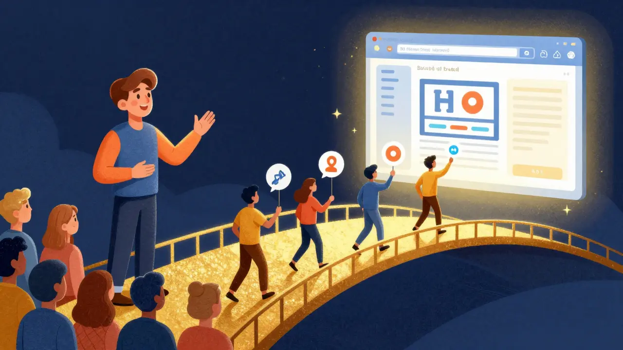 Золотой мост доверия между инфлюенсером и аудиторией, ведущий к онлайн-курсу