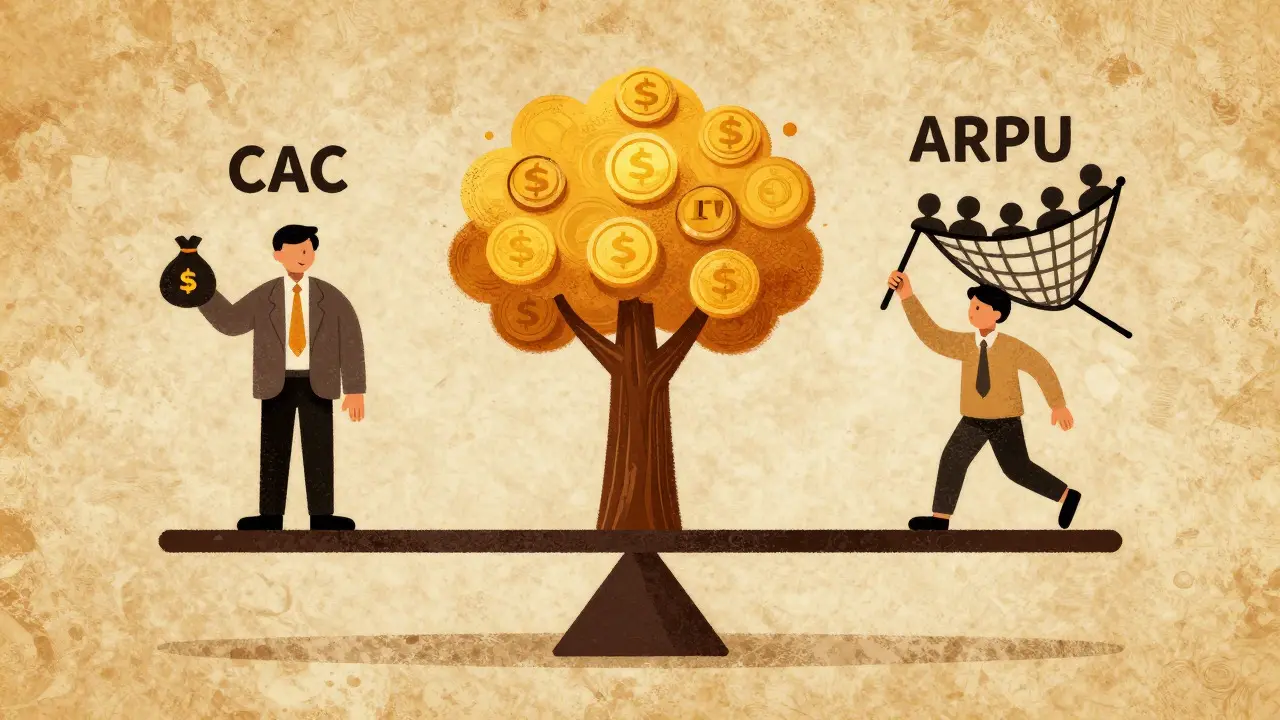 Иллюстрация метрик CAC, LTV и ARPU в виде стилизованных персонажей