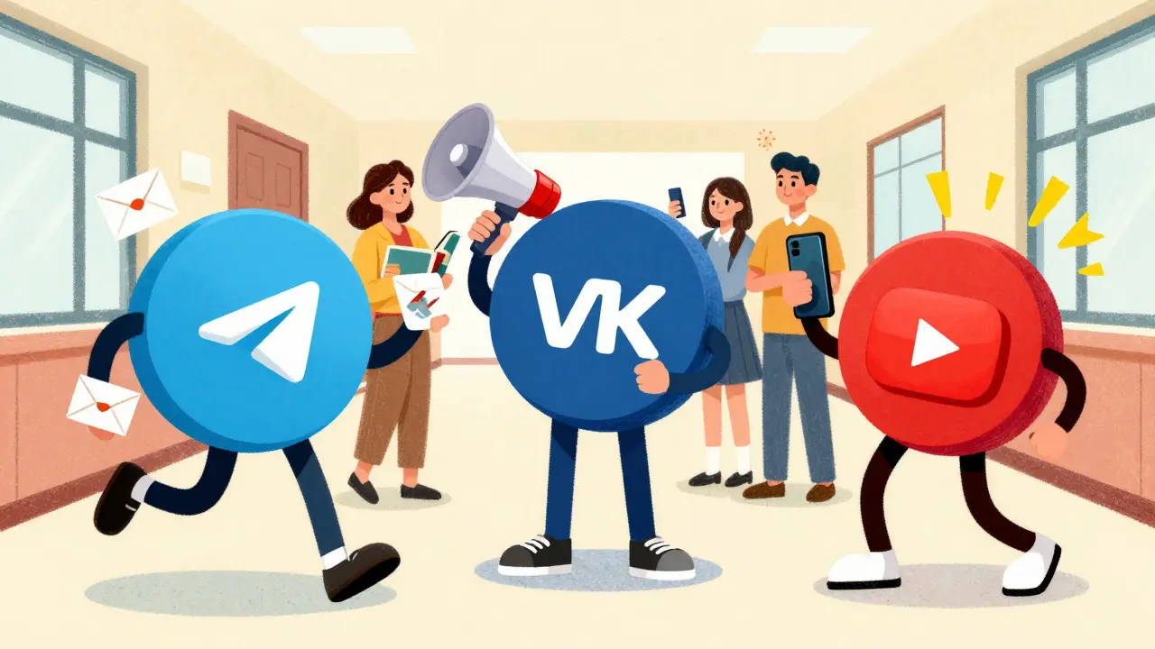 Иллюстрация персонажей Telegram, ВКонтакте и YouTube, взаимодействующих со школьным сообществом