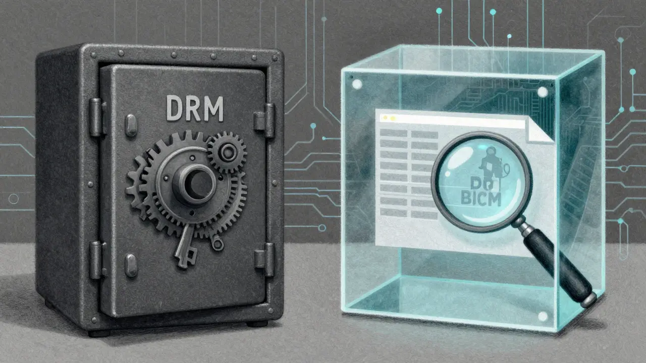 Метафора DRM как сейфа и водяных знаков для отслеживания утечек