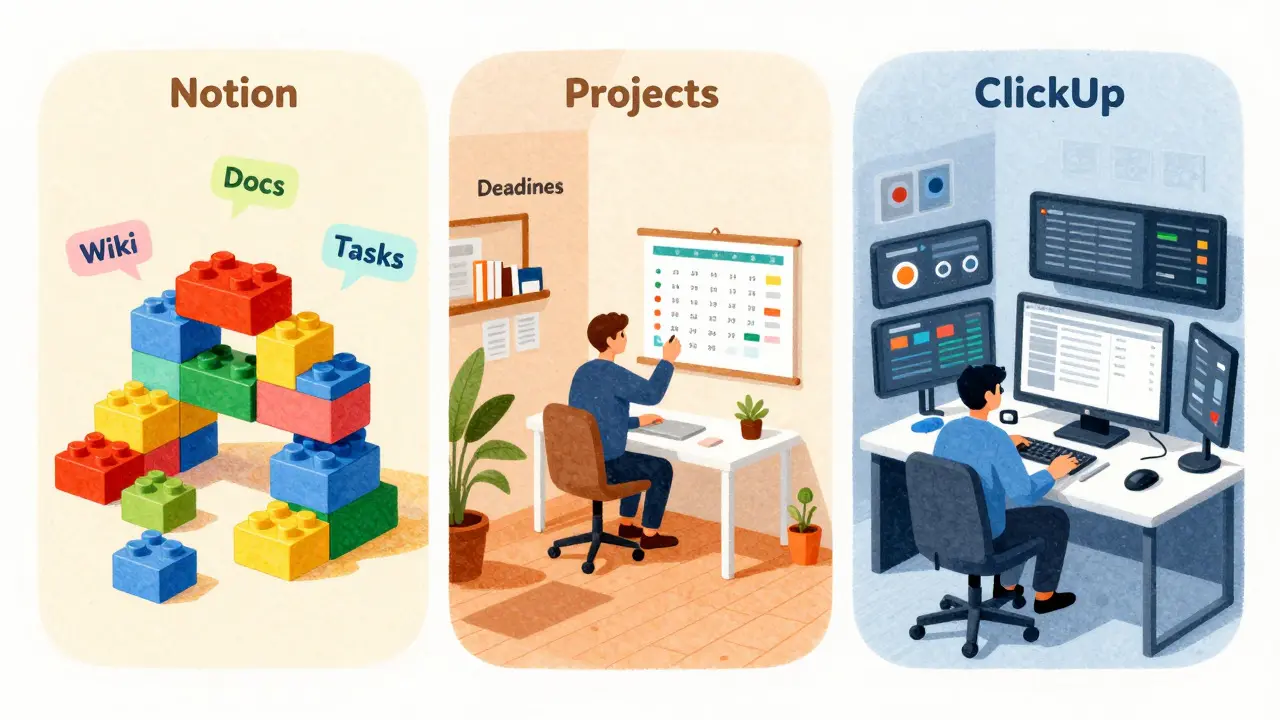 Сравнение стилей работы Notion, Asana и ClickUp в иллюстрации