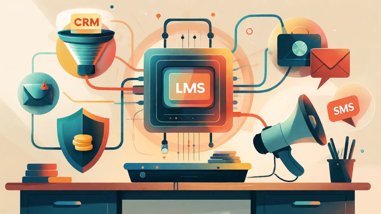 Схема интеграции инструментов онлайн-школы: LMS, CRM и платежи в стиле иллюстрации